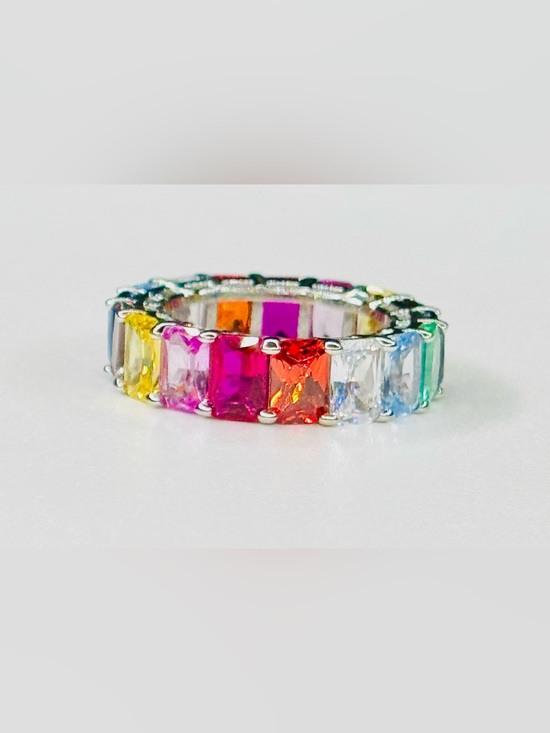 Cz Jewelry - Multicolor Baguette Crystal Eternity Ring - Silver Tone